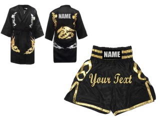 Boxing set - Custom Boxing Robe with hood and Boxing Shorts : Black and Gold